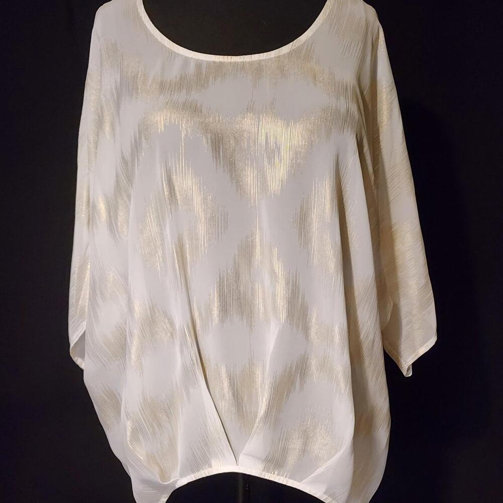 AGB Women’s Large Ivory Gold Foil Sheer Poncho Blouse